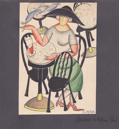 Lady in the "Šport" Cafe , watercolor, ink, pencil, colored pencil / paper, 18 x 12.5 / 23.5 x 23.5 cm 