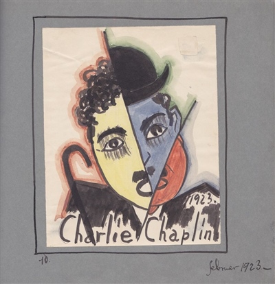 Charlie Chaplin, February 1923 , watercolor, ink, pencil / paper, 17 x 13.5 / 23.5 x 23.5 cm